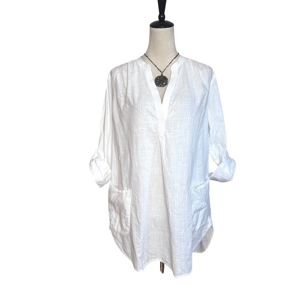 Seafolly White Cotton Tunic Beach Cover Up Roll Tab Sleeve M‎ Minimalist Travel